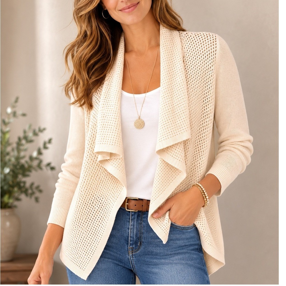 Ann Taylor Cardigan Women Small Cream Good Merino Wool Blend Pointelle Waterfall